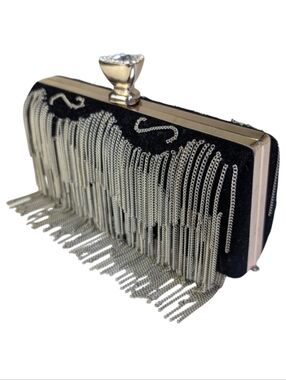 Sergio Feretti Velvet Chain Fringe Evening Bag Rhinestone Clasp | Black Gold